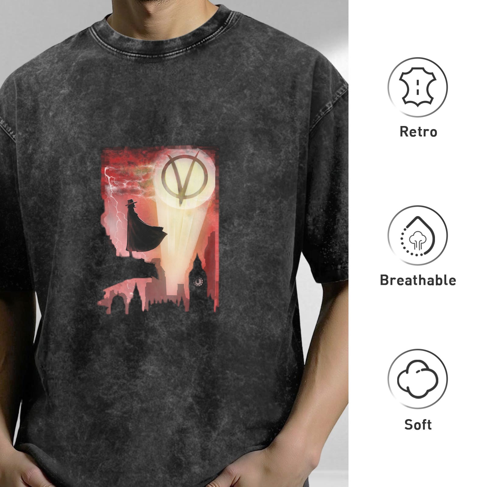 V for Vendetta themed graphic washed black short sleeve t-shirt