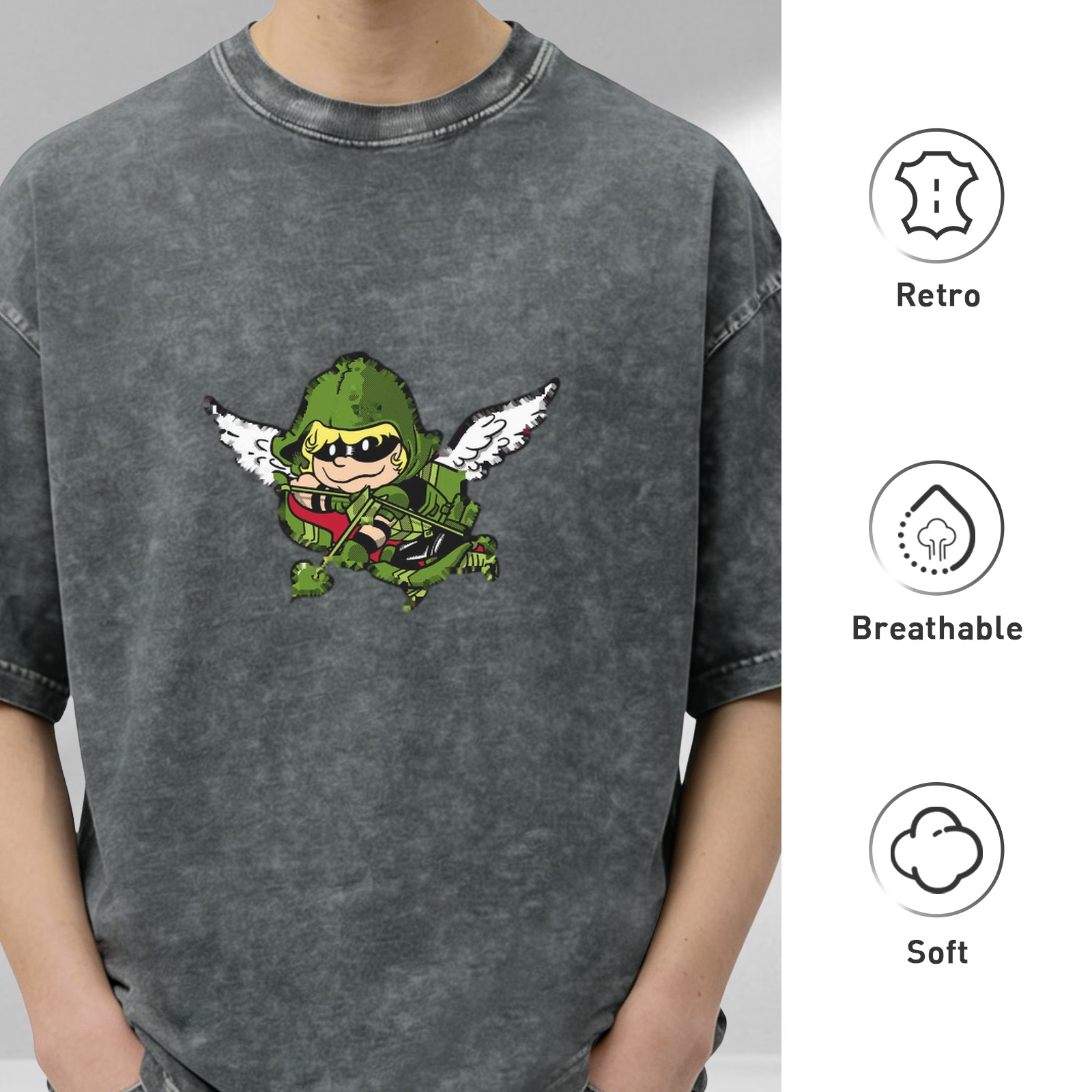 Washed Black T-Shirt With Chibi Green Arrow Angel Print