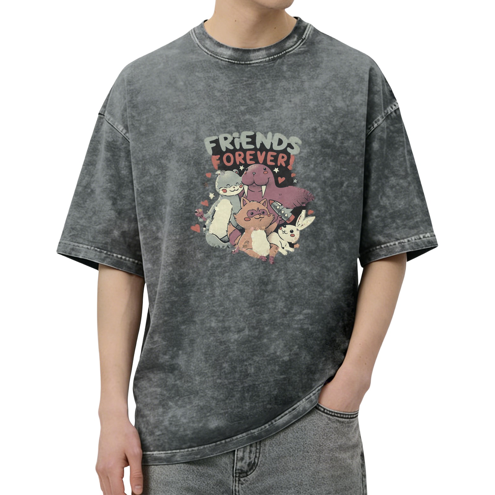 Oversized acid wash t-shirt with friends forever animal graphic print