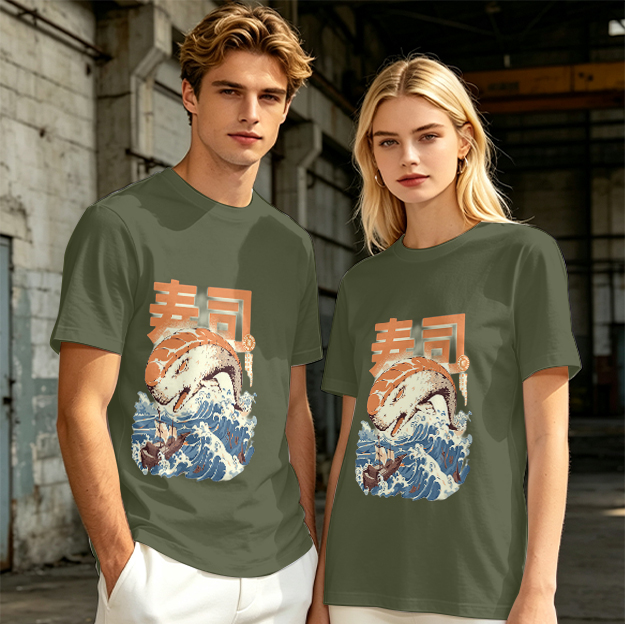 Olive t-shirt with sushi monster and great wave graphic