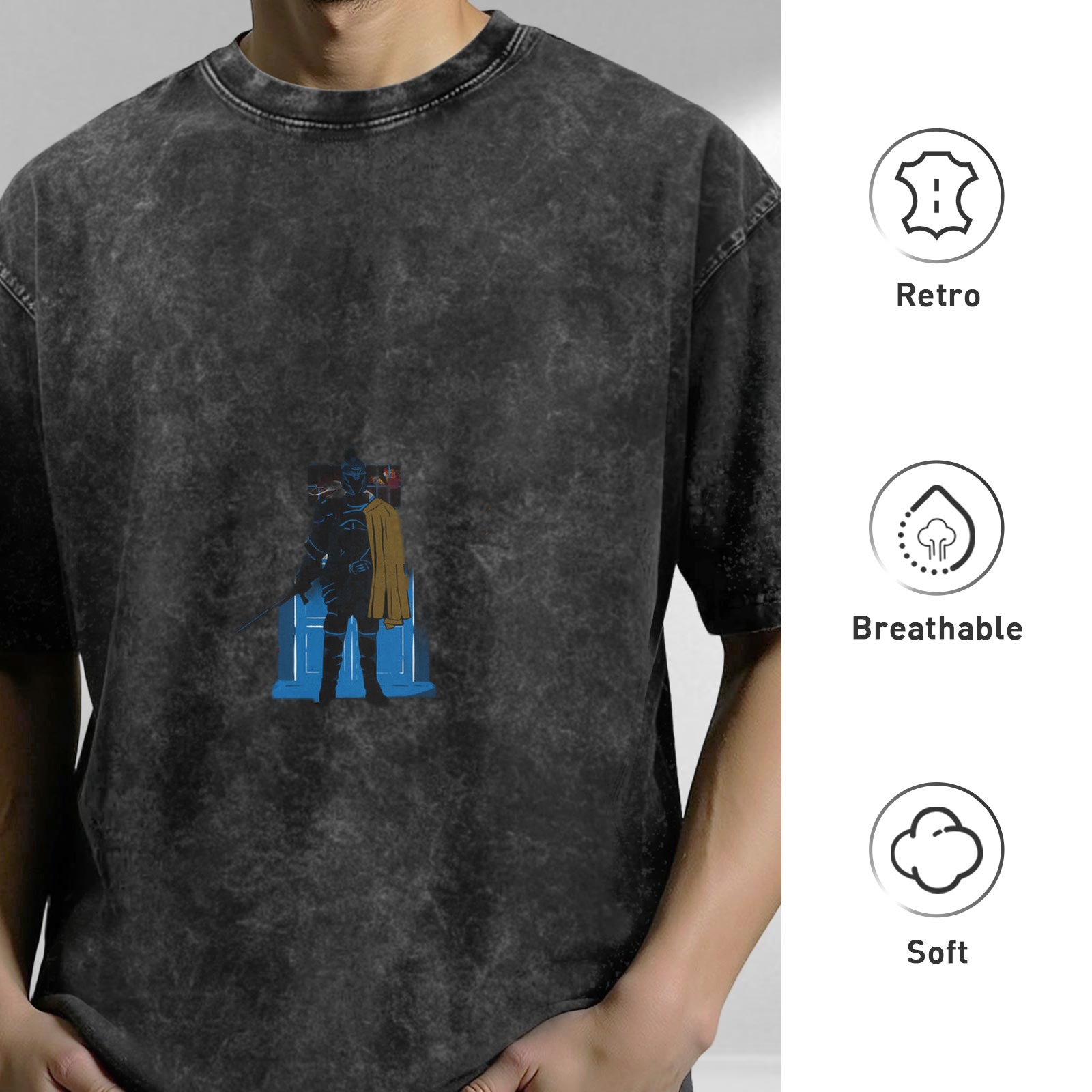 Washed Black Oversized T-Shirt with Superhero Graphic Print