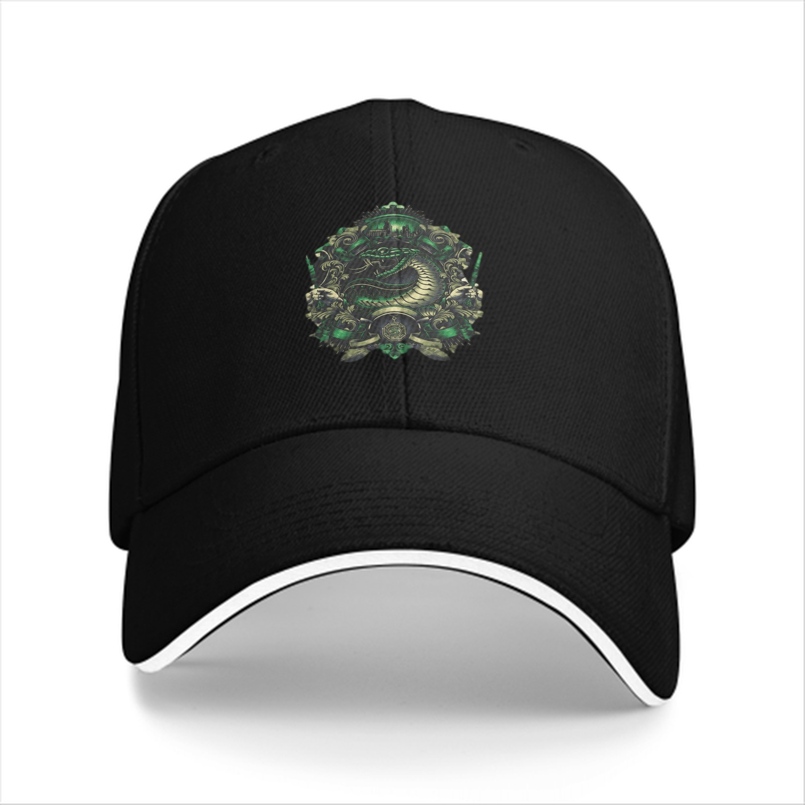 Black Baseball Cap With Green Serpent Emblem Design