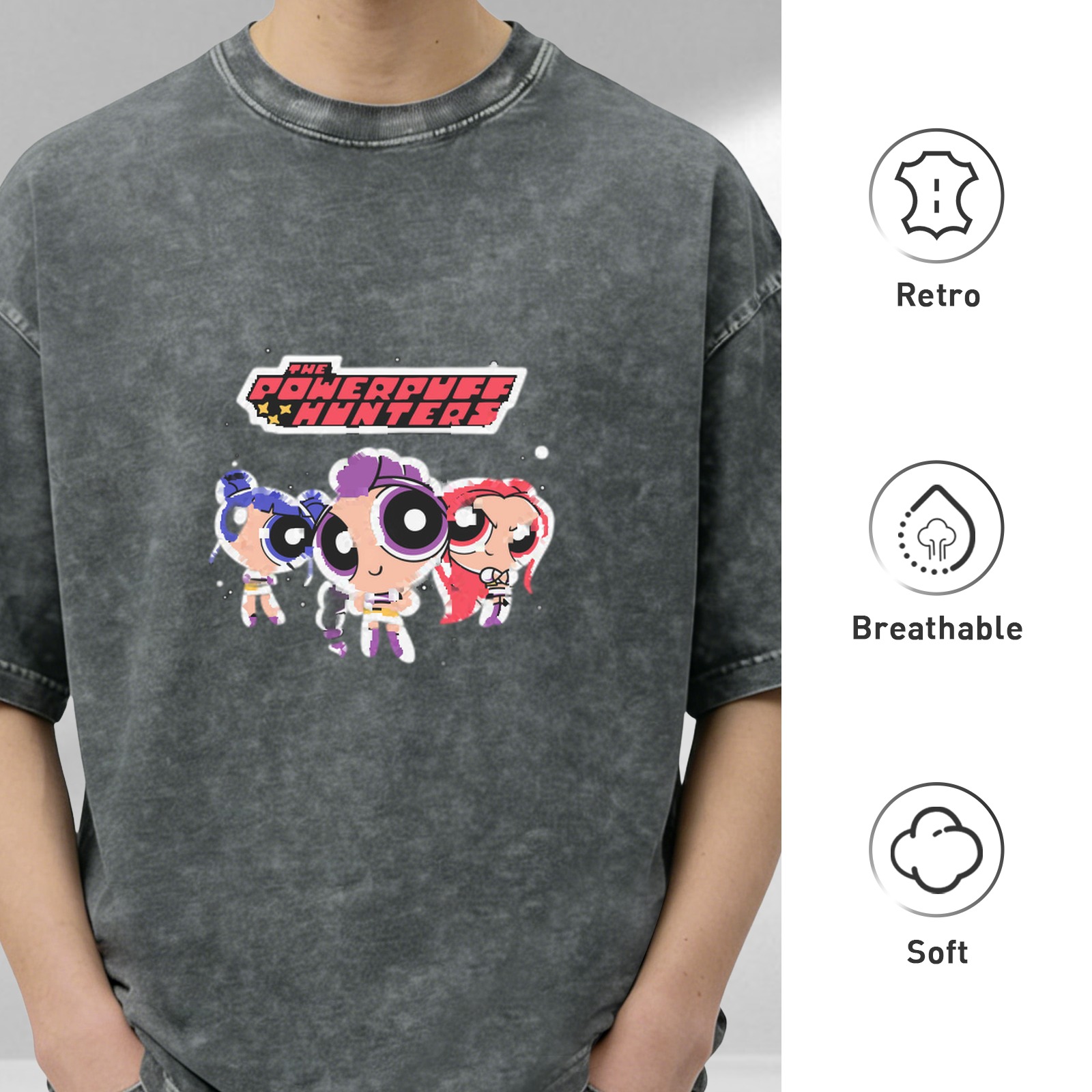 Powerpuff Hunters Graphic Washed Black Oversized T-Shirt