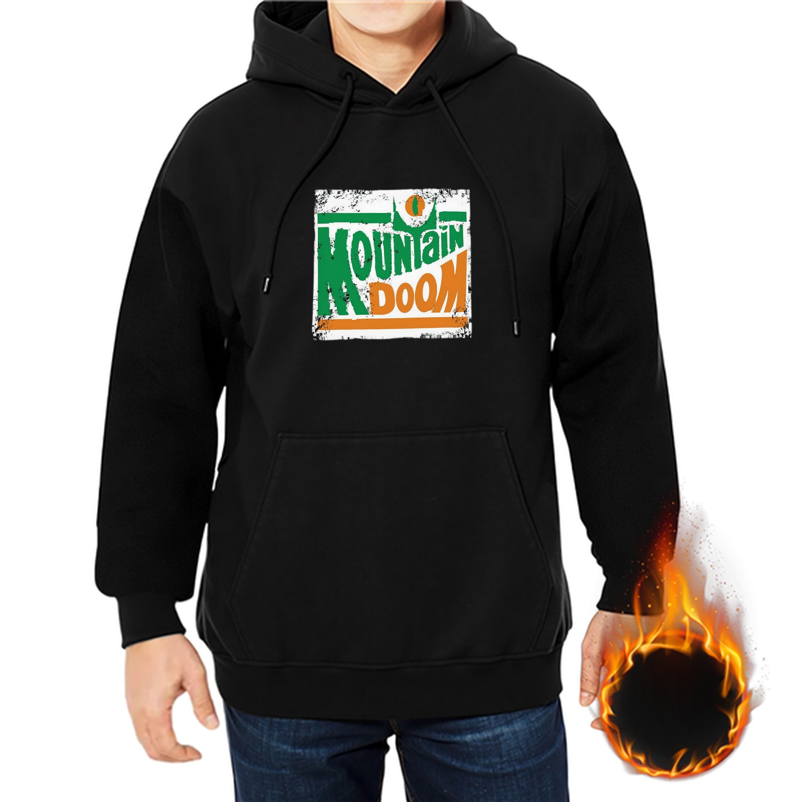 Black Hoodie with Distressed Mountain Doom Graphic Print