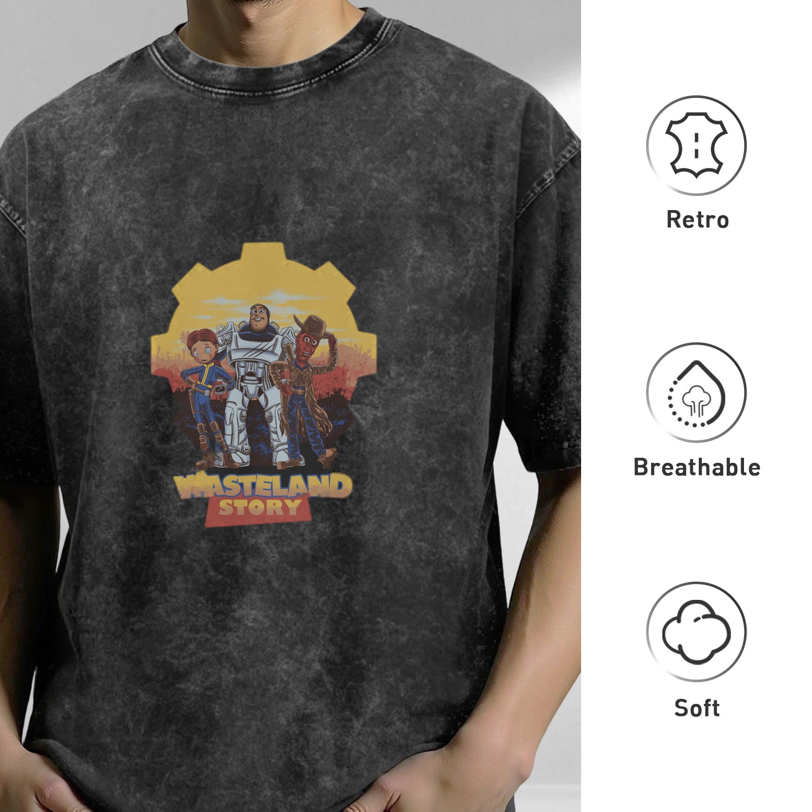 Wasteland Story theme distressed printed short-sleeved T-shirt, washed black loose style