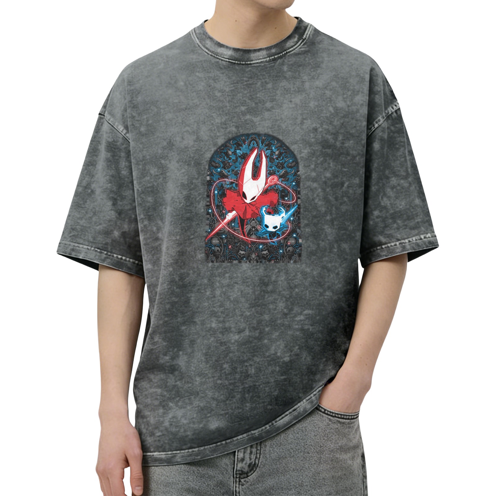 Hollow Knight Themed Dark Wash Graphic T-Shirt