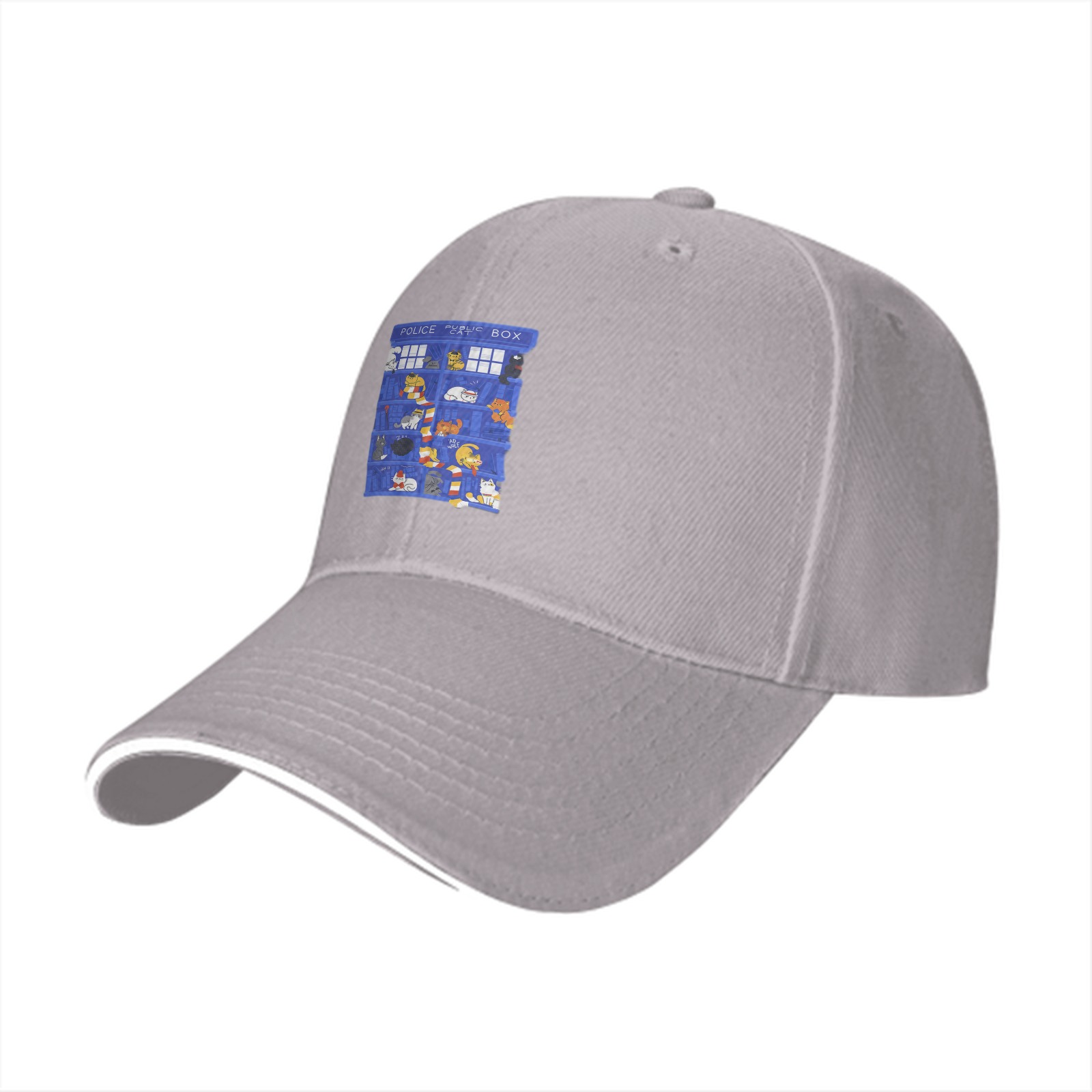 Black Baseball Cap with TARDIS Police Box Cat Print