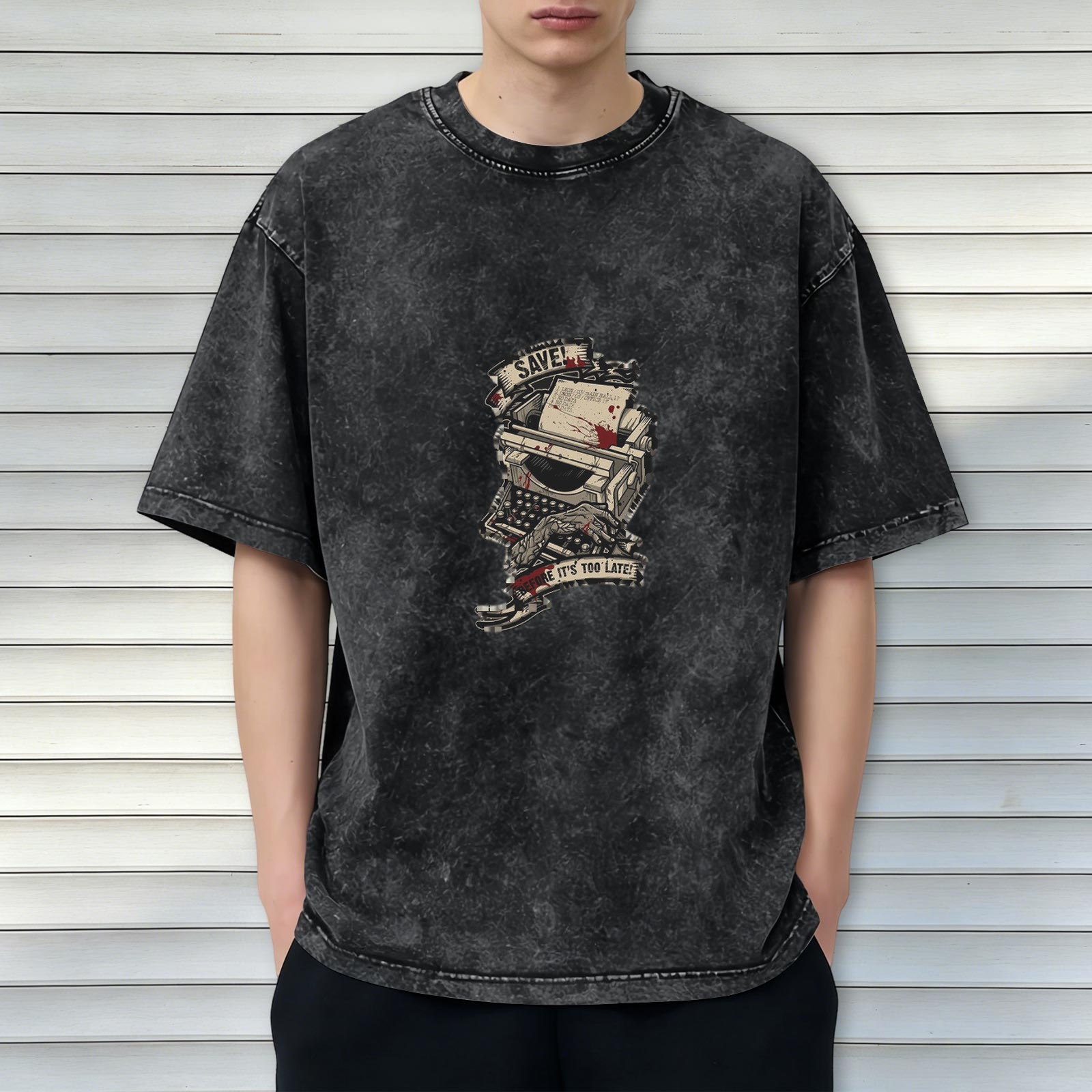 Distressed washed dark style typewriter printed short-sleeved T-shirt