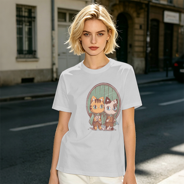 Olive Green T-Shirt With Cute Cat Fantasy Character Print