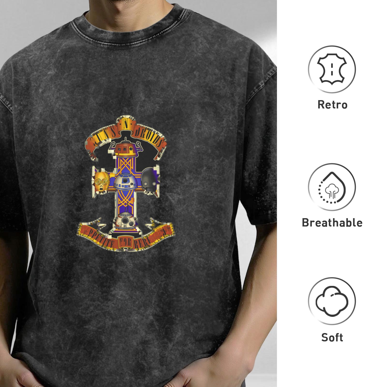 Oversized Washed Black T-Shirt with Star Wars Droids Cross Graphic Print