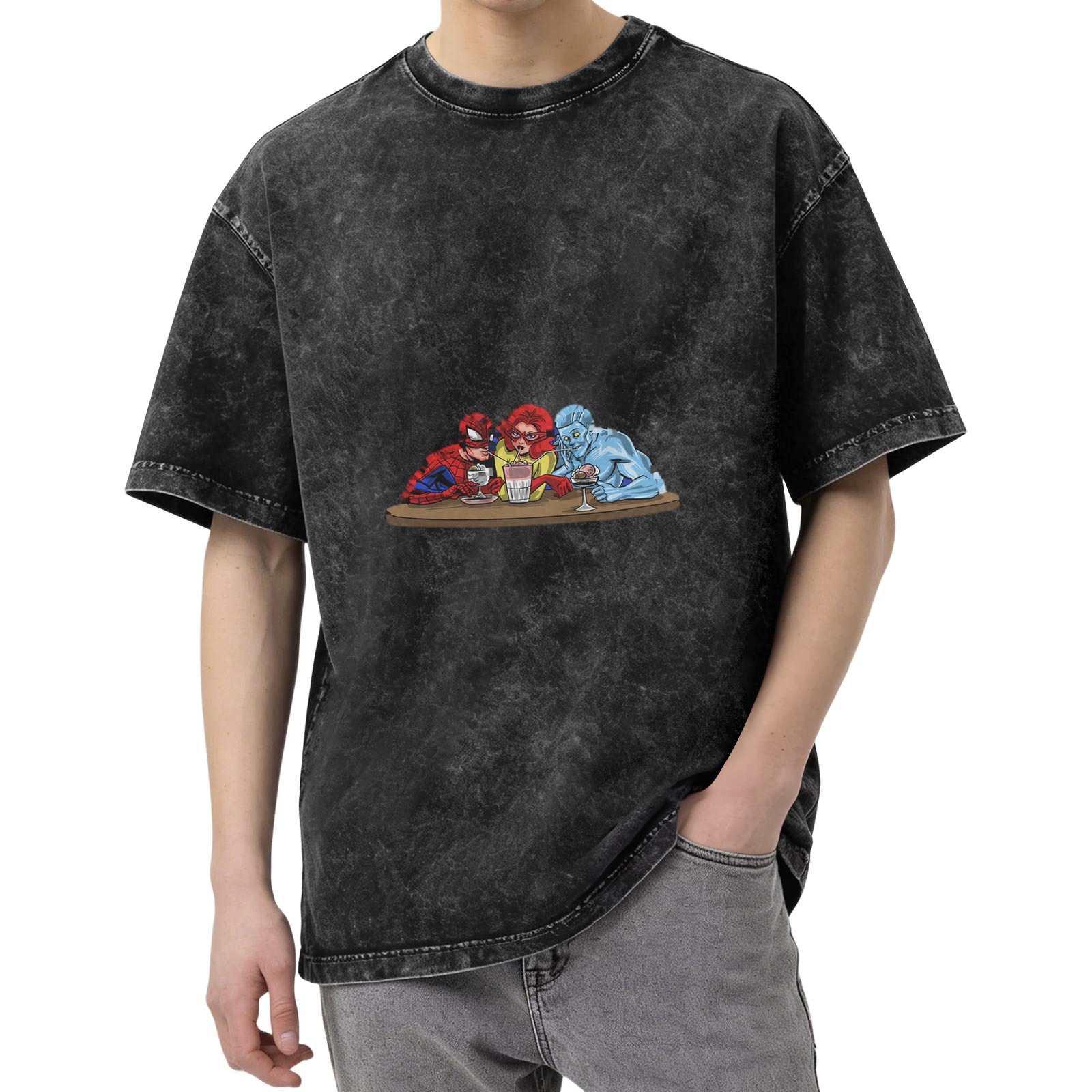 Washed Black T-Shirt with Superhero Characters at a Bar Table Graphic