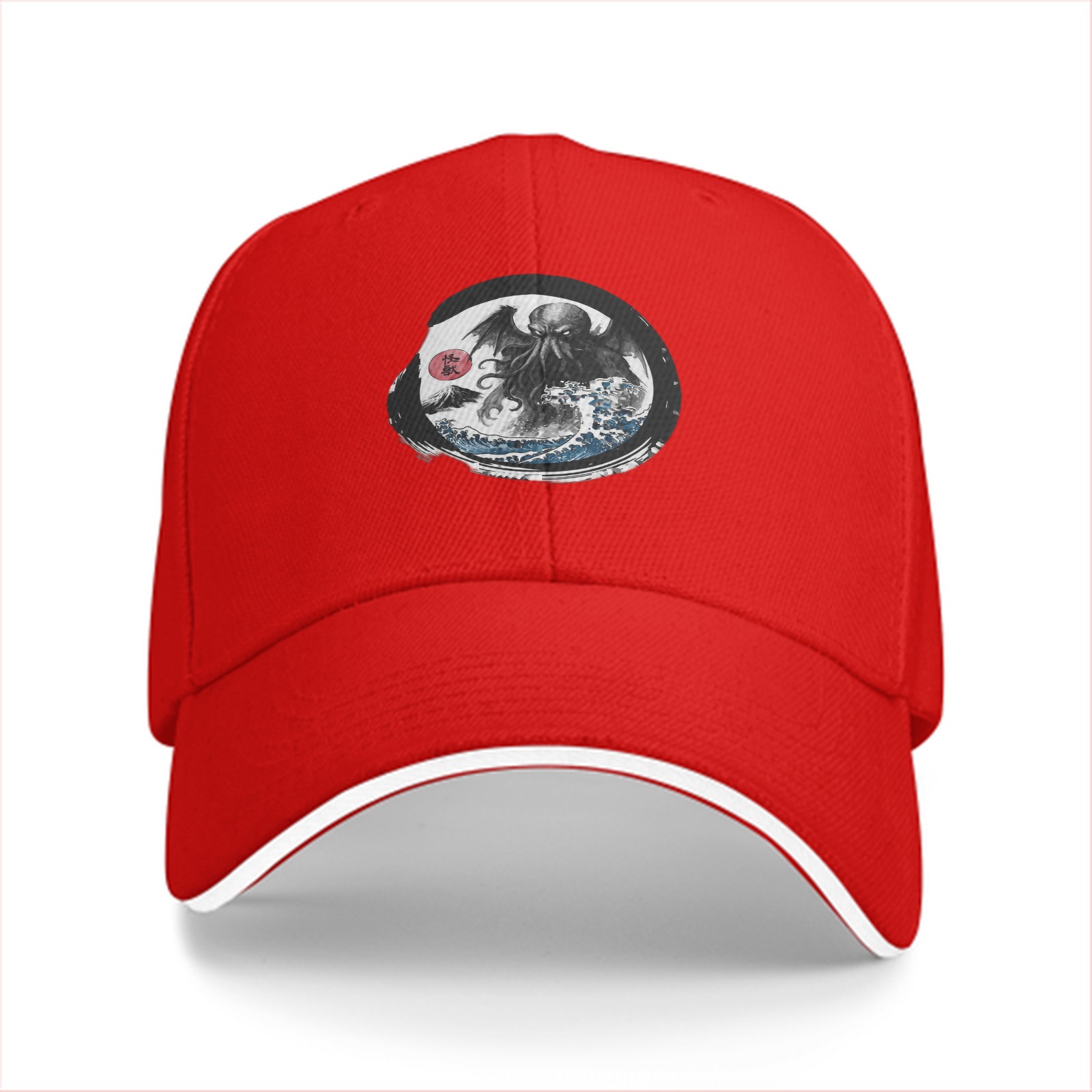 Black Baseball Cap with Cthulhu Great Wave Art Print