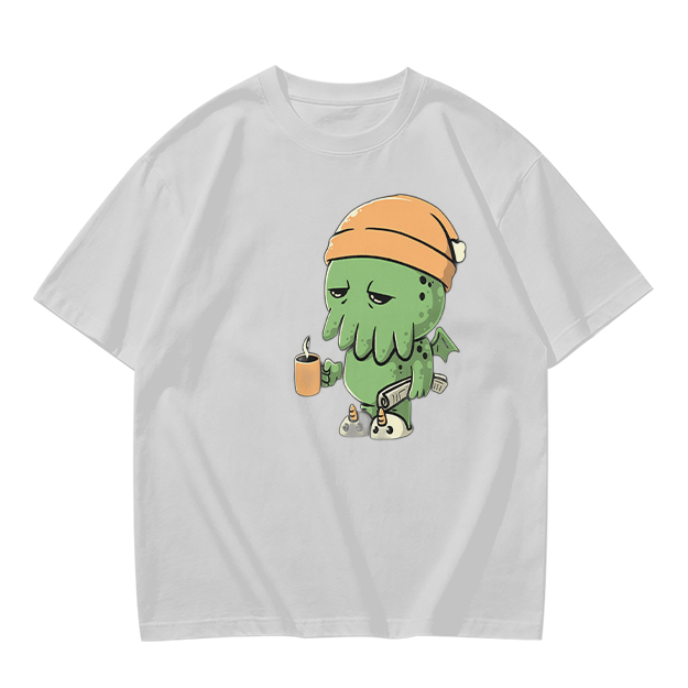 Olive T-Shirt With Sleepy Cthulhu Holding Coffee And Phone