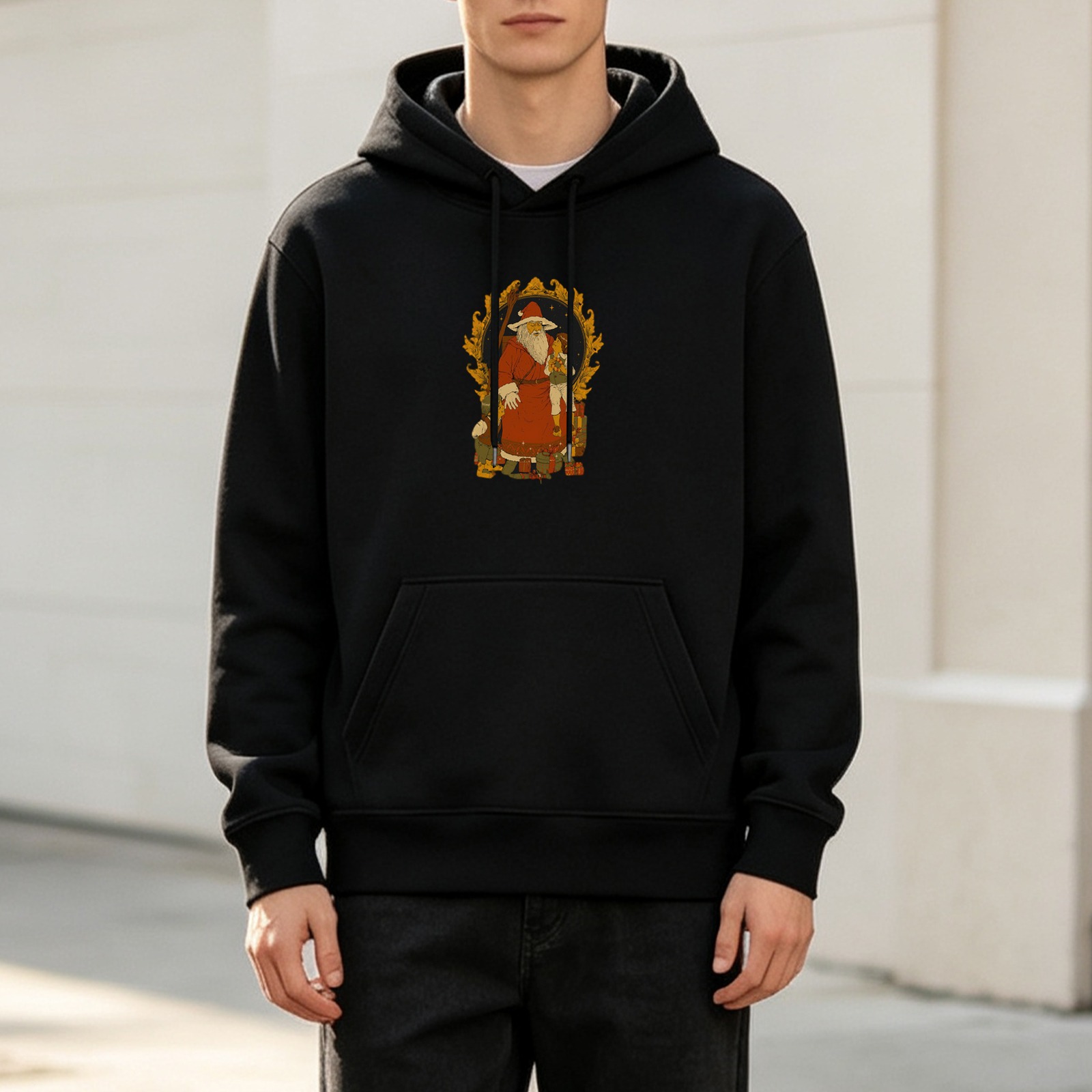 Black Hoodie With Wizard Santa Artwork Print