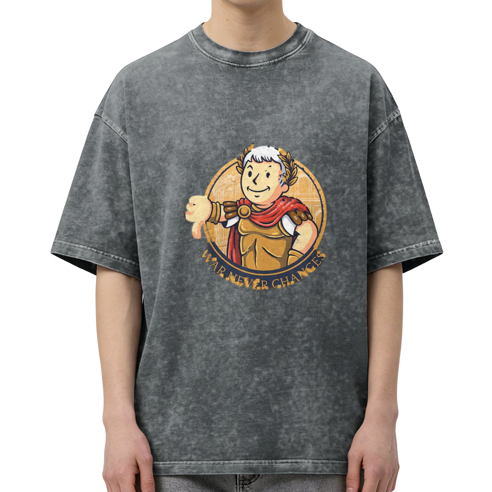 Washed Black T-Shirt with Roman Caesar Vault Boy 'War Never Changes' Graphic