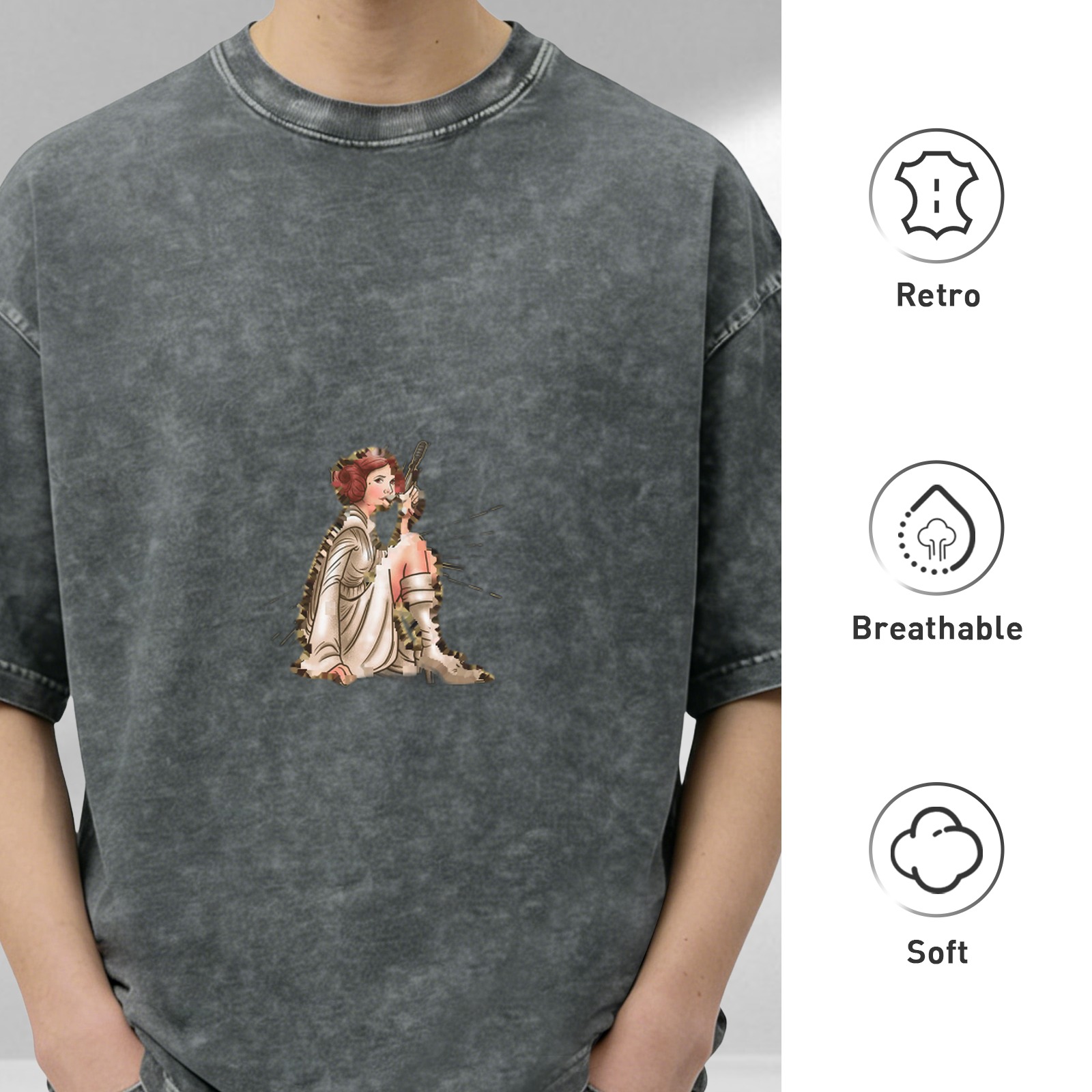 Washed Black Oversized T-Shirt With Princess Leia Graphic Print