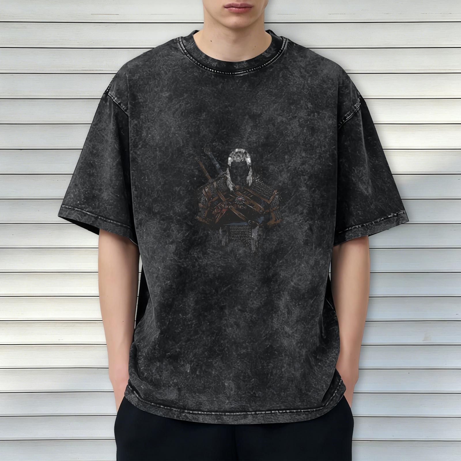 Distressed black loose short-sleeved T-shirt The Witcher 3 Geralt print