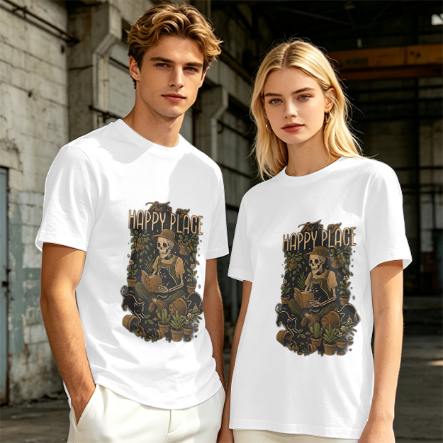 Happy Place Skeleton Gardener Cat Plant Lover T-Shirt