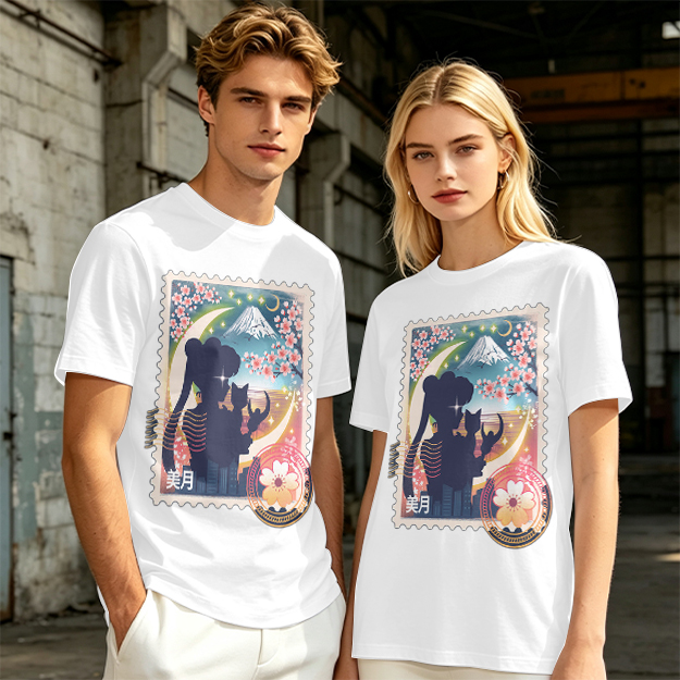 Olive T-shirt with Japanese stamp-style anime graphic print