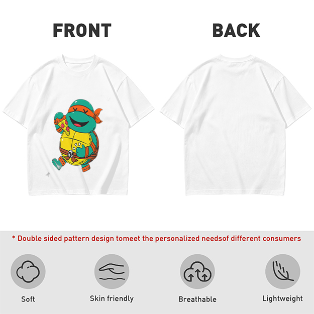Olive T-shirt with cartoon ninja turtle holding pizza graphic
