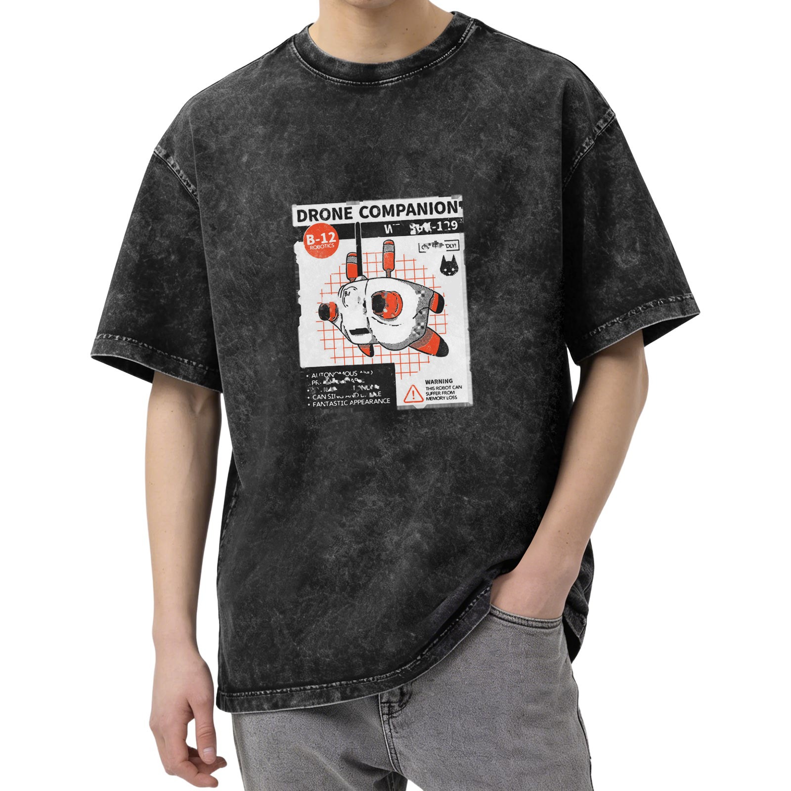 Oversized Black Stonewashed T-Shirt with Drone Companion Graphic Print