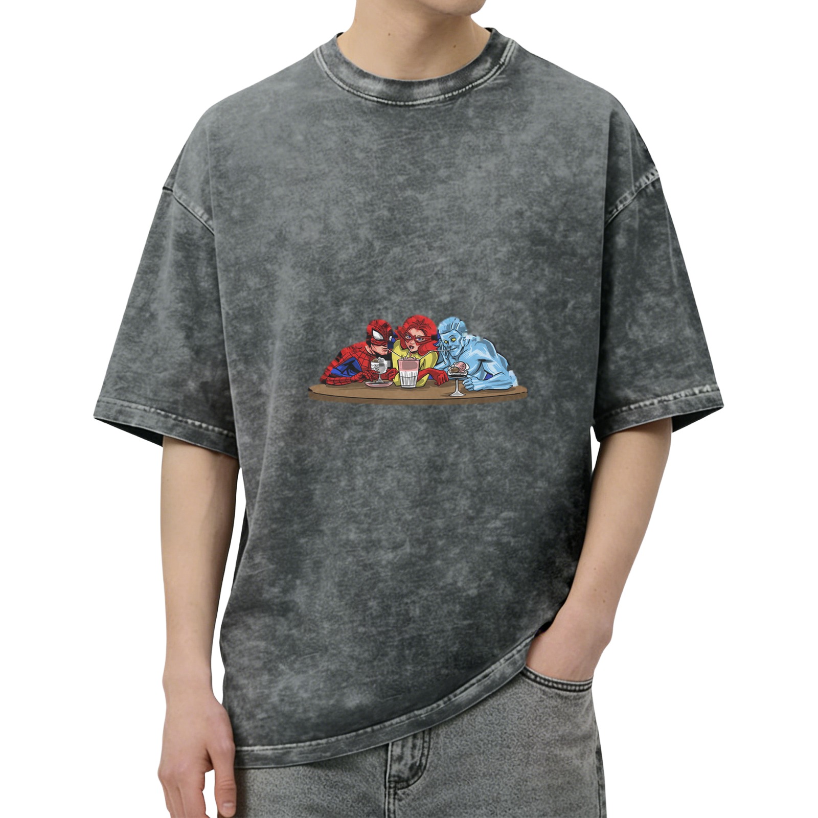 Washed Black T-Shirt with Superhero Characters at a Bar Table Graphic