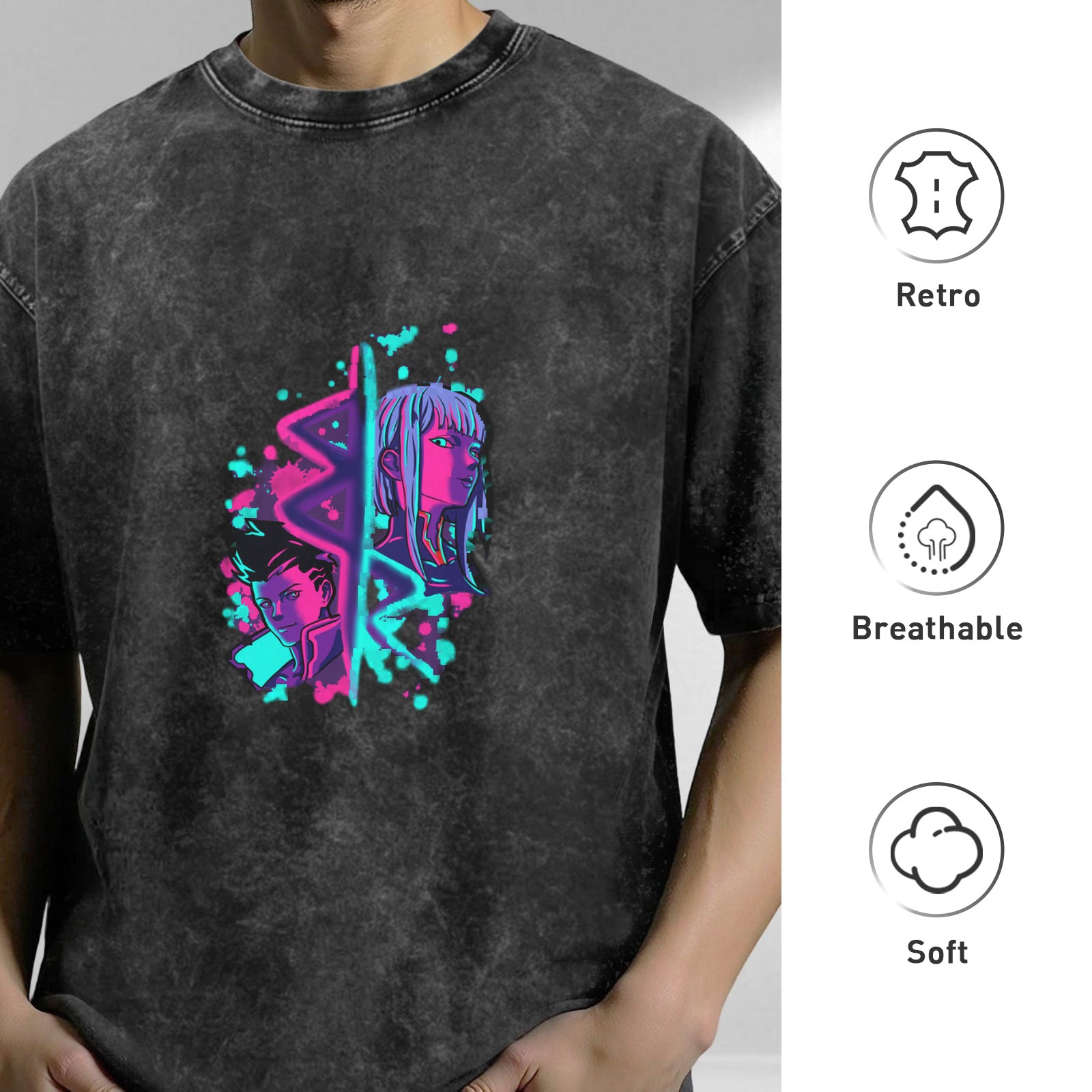 Cyberpunk Anime Character Graphic Acid Wash Black T-Shirt