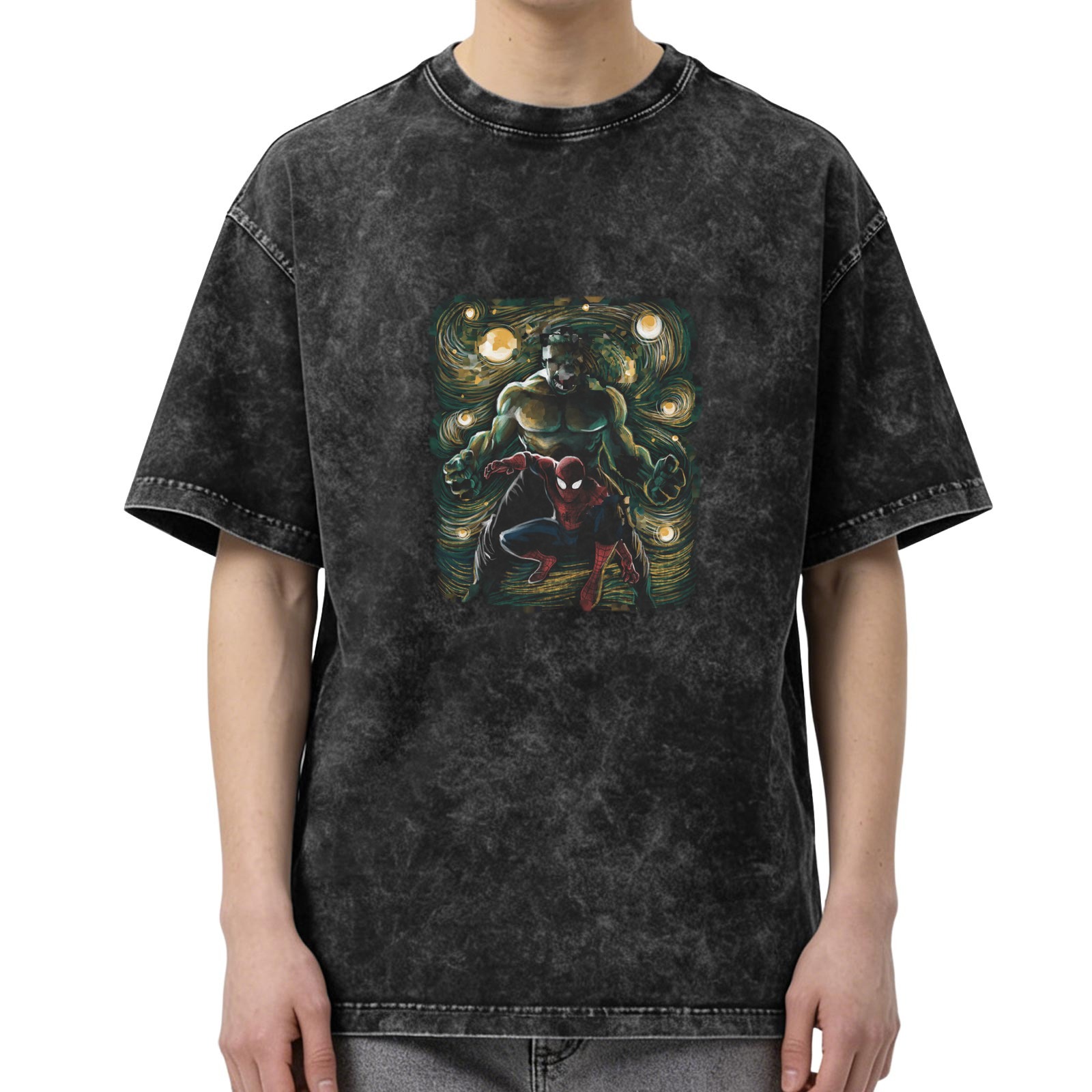 Washed Black T-Shirt with Hulk and Spider-Man Starry Night Art Print