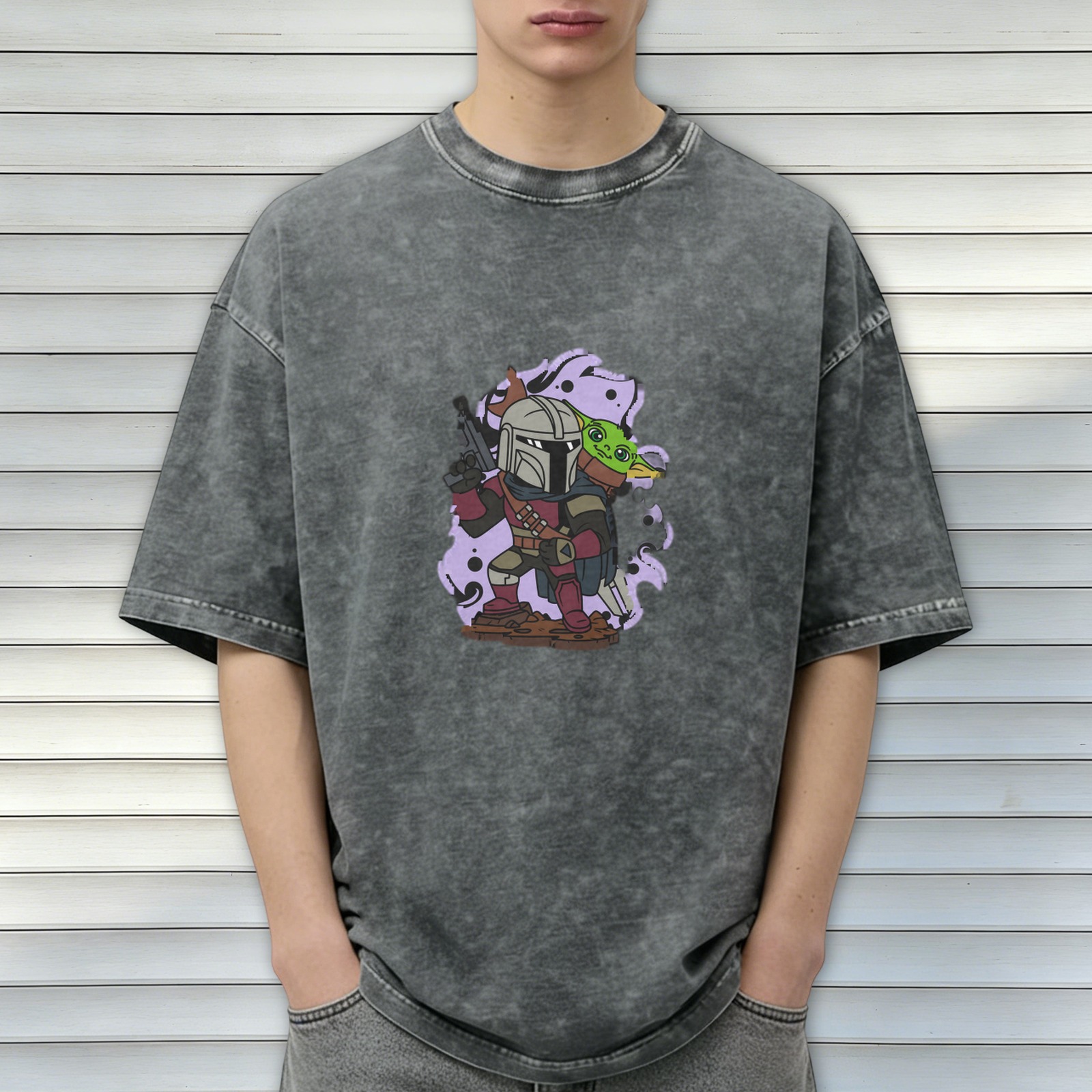 Washed Black T-Shirt with Mandalorian and Child Graphic
