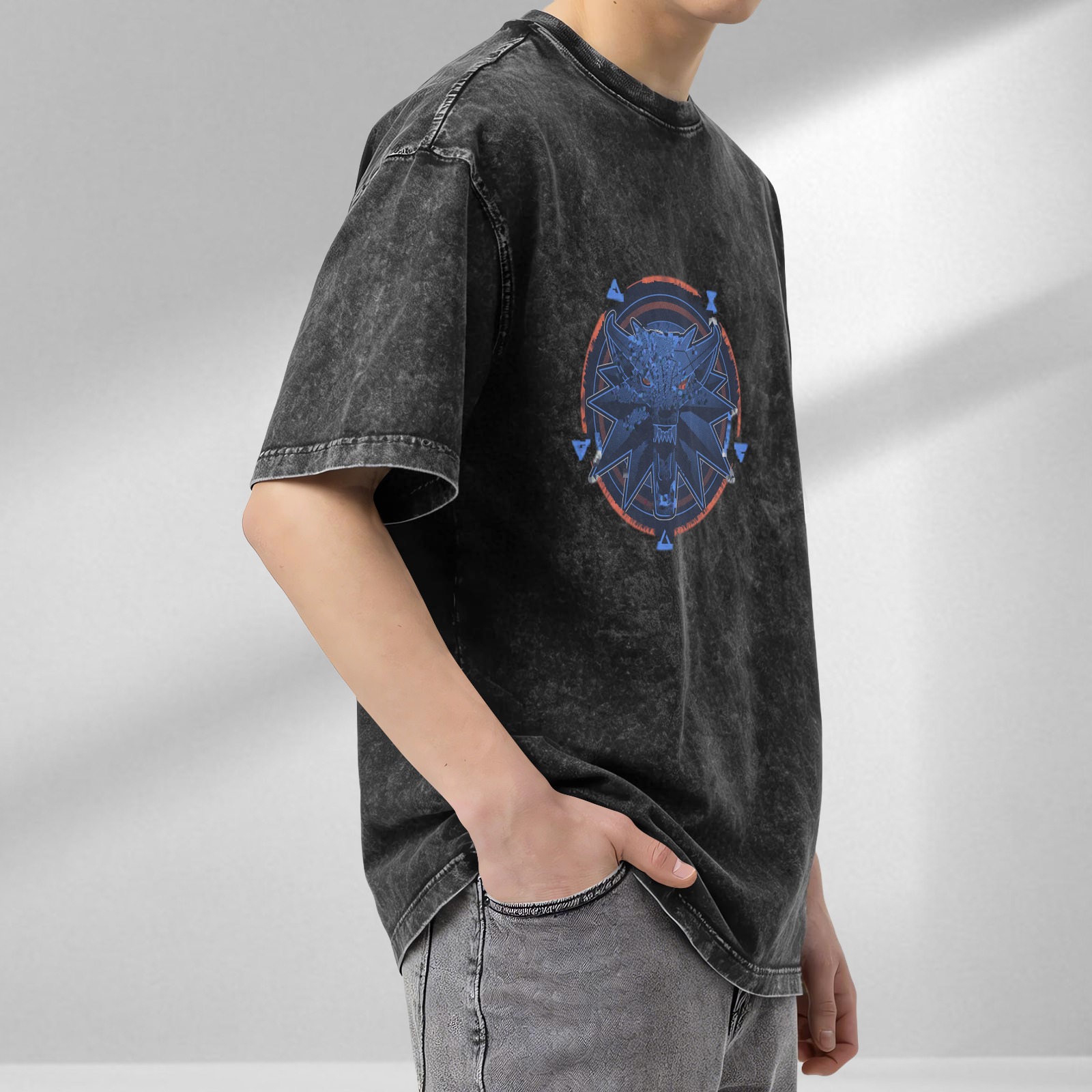 Witcher Wolf Medallion Graphic Stonewashed Black T-Shirt