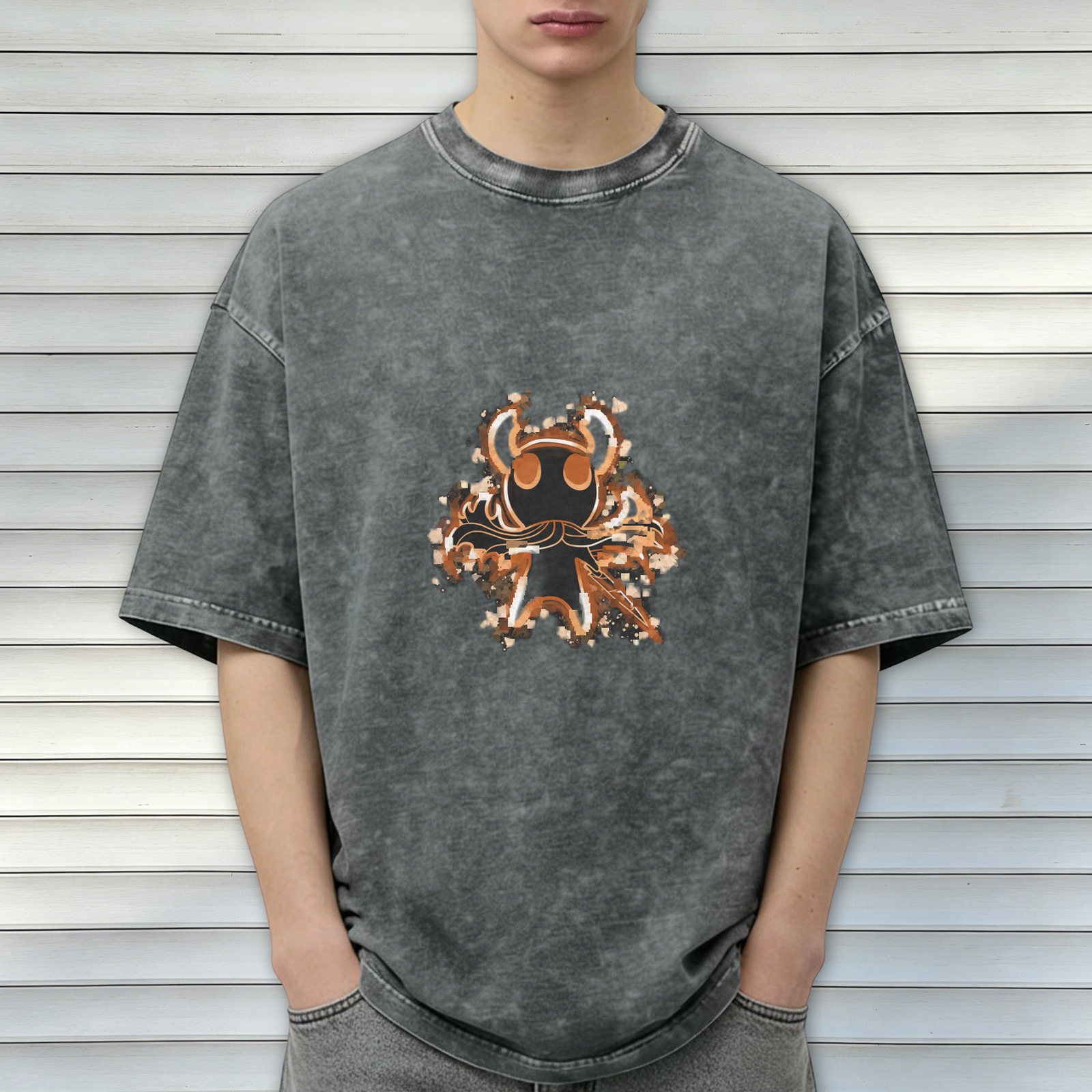 Washed Black Graphic T-Shirt with Hollow Knight Style Character Print