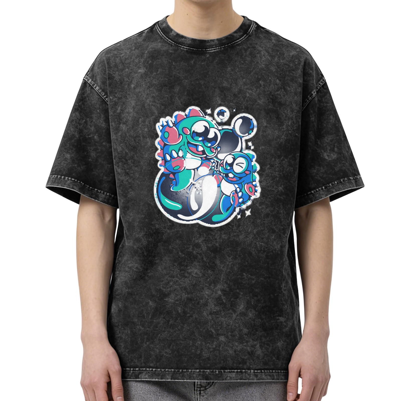 Washed Black T-Shirt With Retro Bubble Dragons Graphic Print