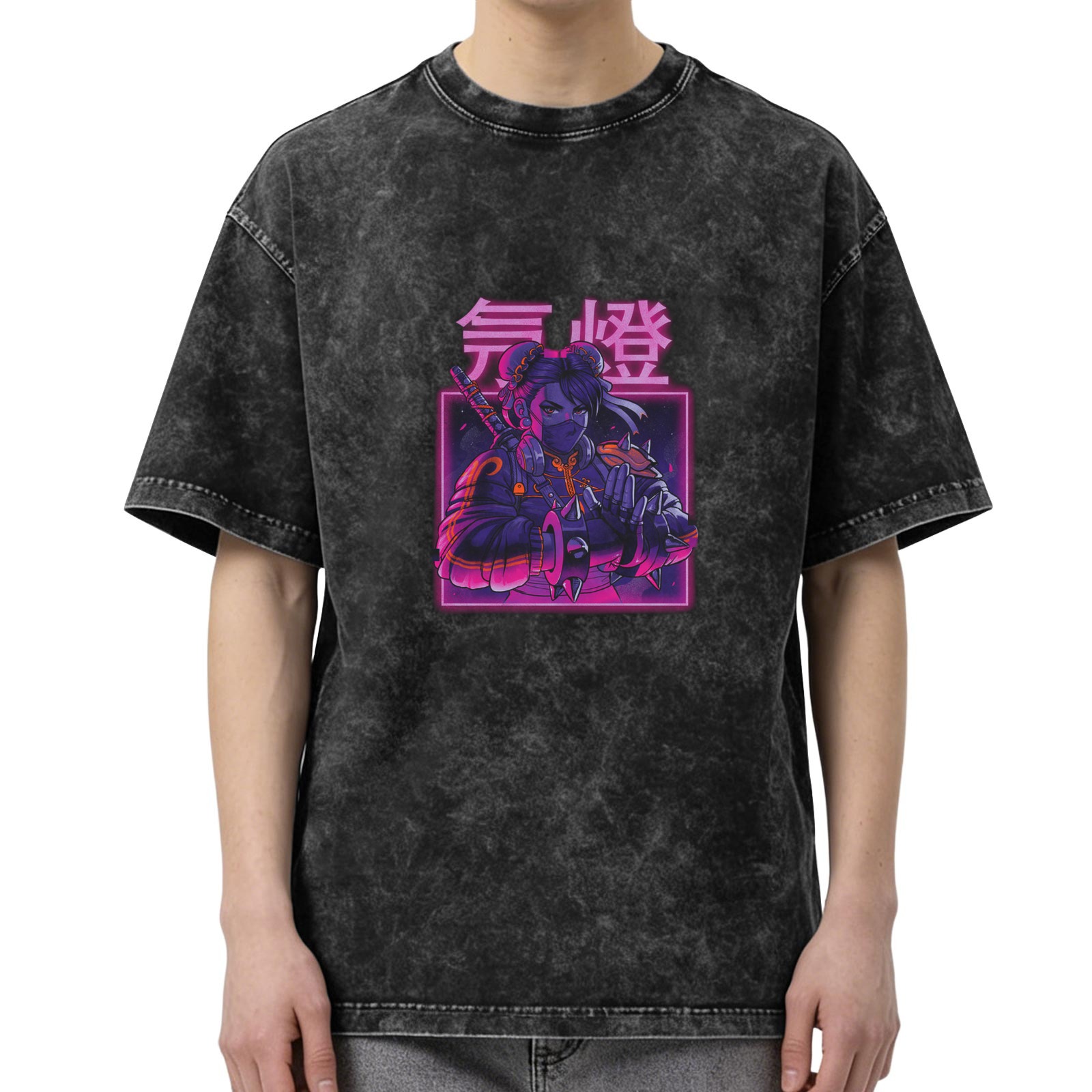 Distressed washed black loose short-sleeved T-shirt Cyberpunk style anime ninja print Japanese text design Street fashion casual top