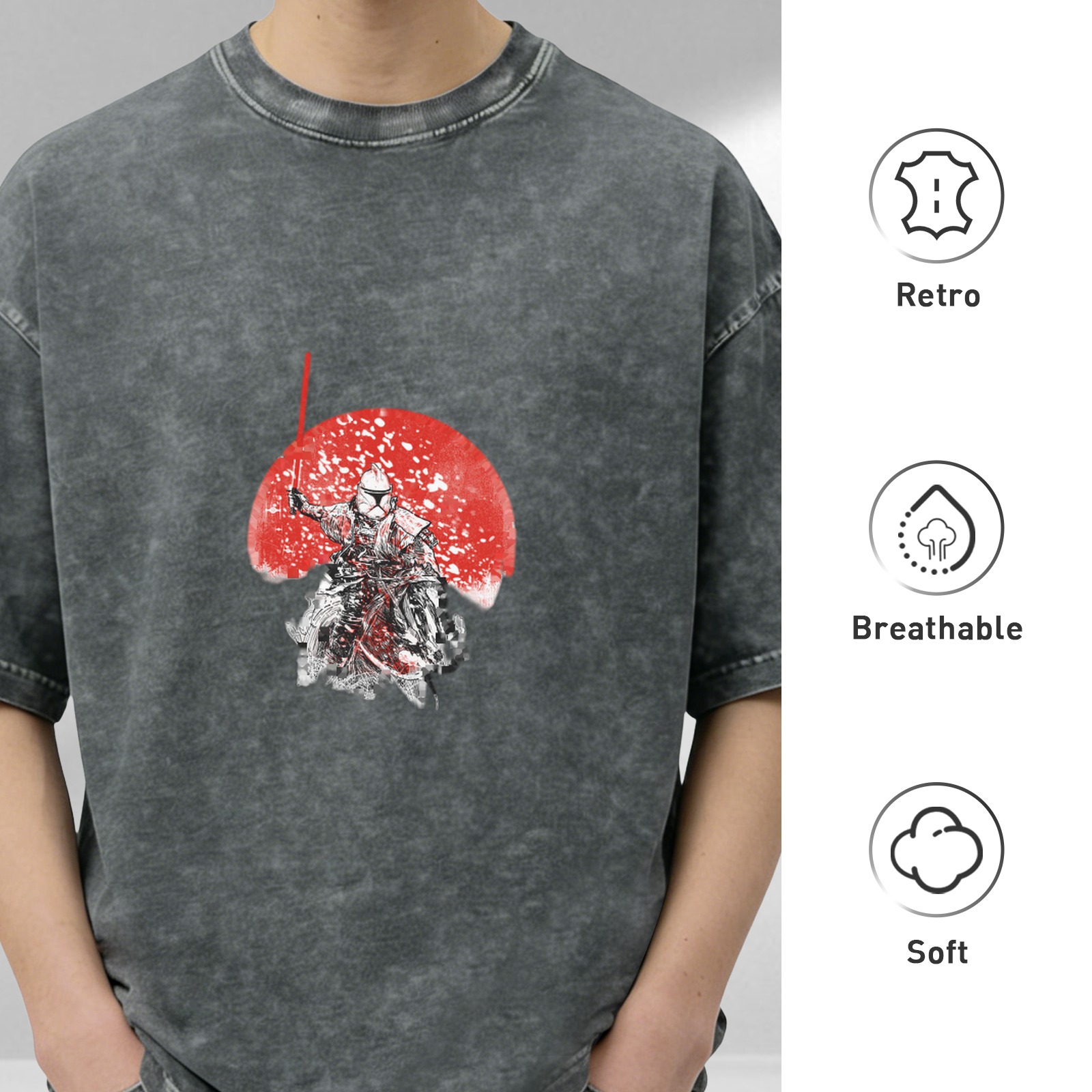 Washed black graphic t-shirt with samurai stormtrooper and red sun design