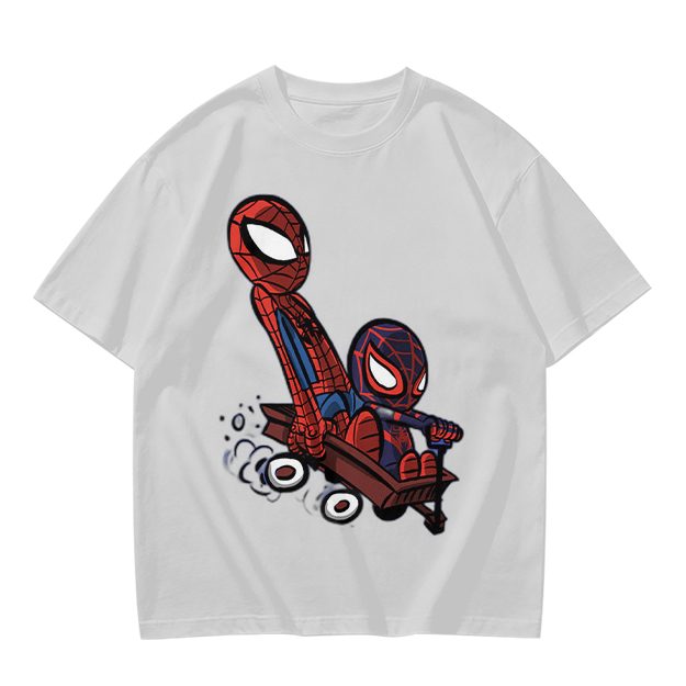 Olive T-shirt with Chibi Spider-Men Riding a Wagon Graphic