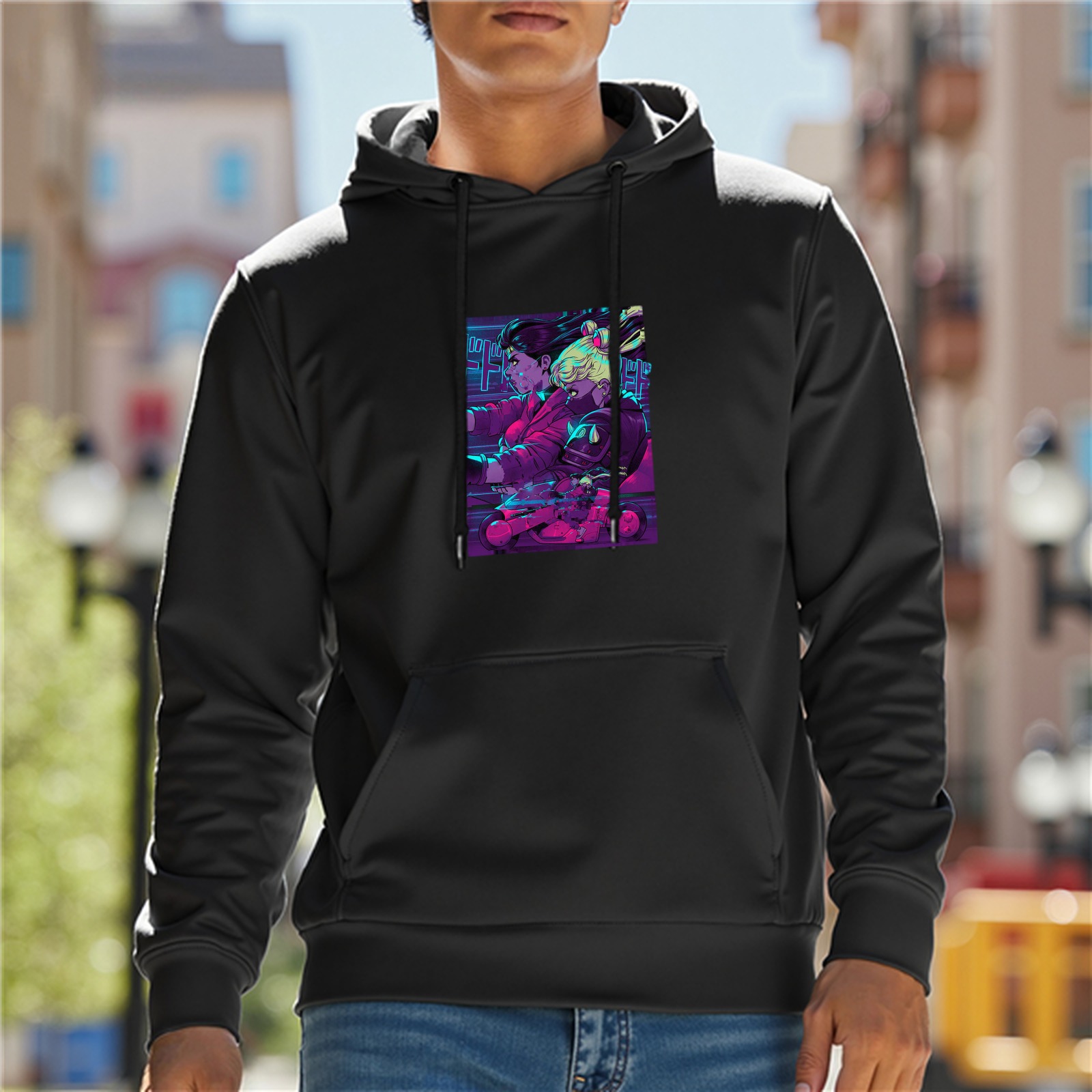 Black hoodie with cyberpunk anime graphic print