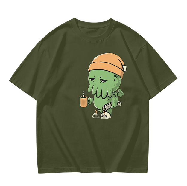 Olive T-Shirt With Sleepy Cthulhu Holding Coffee And Phone