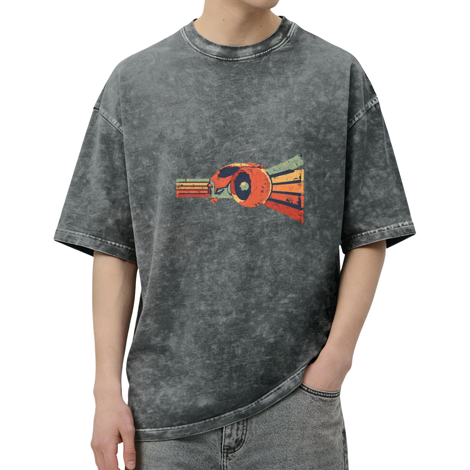 Distressed washed black loose short-sleeved T-shirt Retro style graphic print top