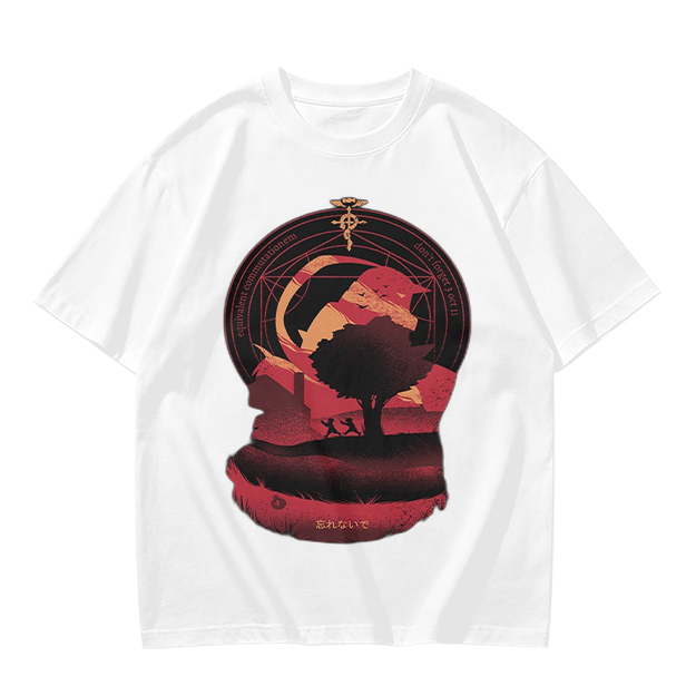 Olive t-shirt with Fullmetal Alchemist inspired sunset landscape print