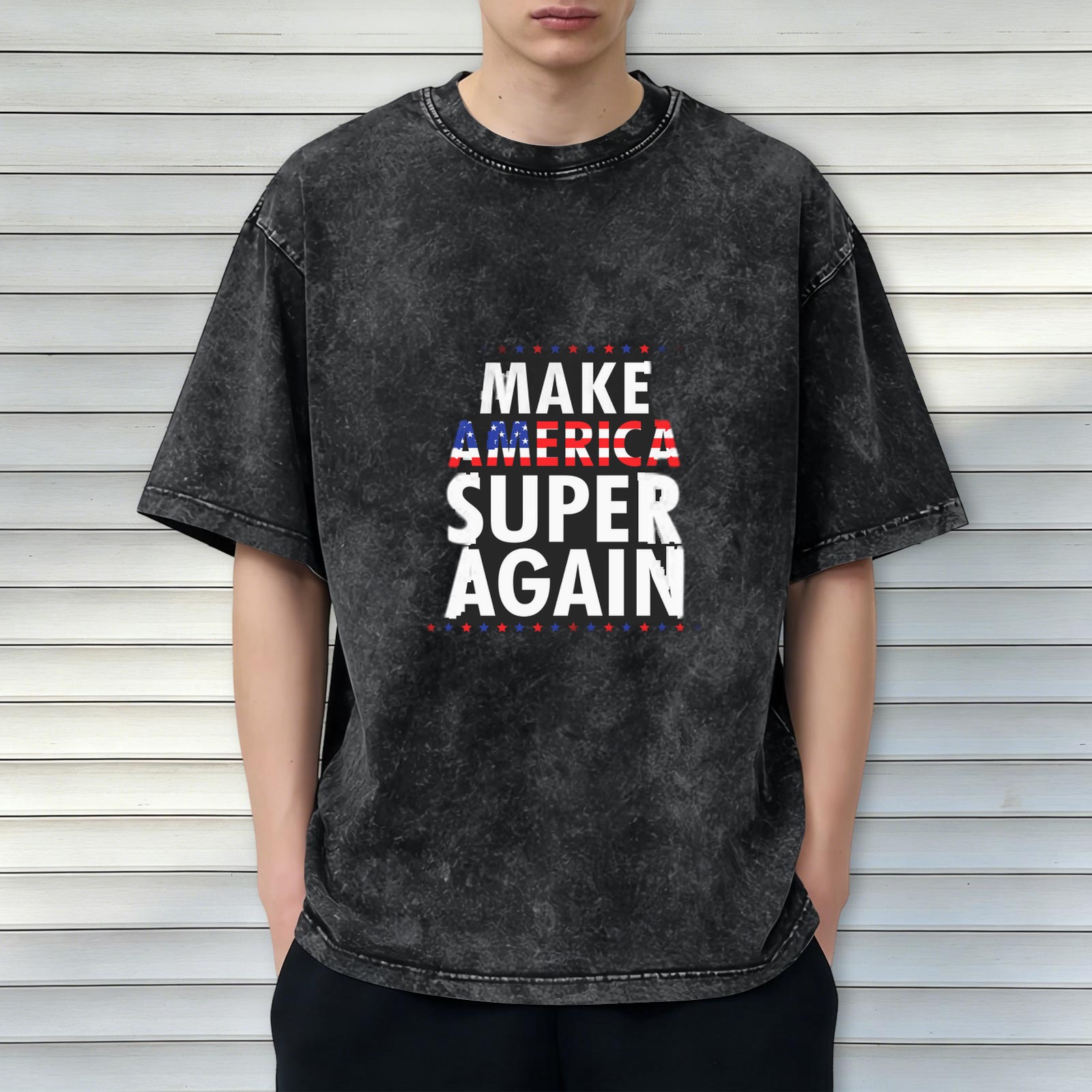 Oversized dark wash t-shirt with Make America Super Again patriotic print