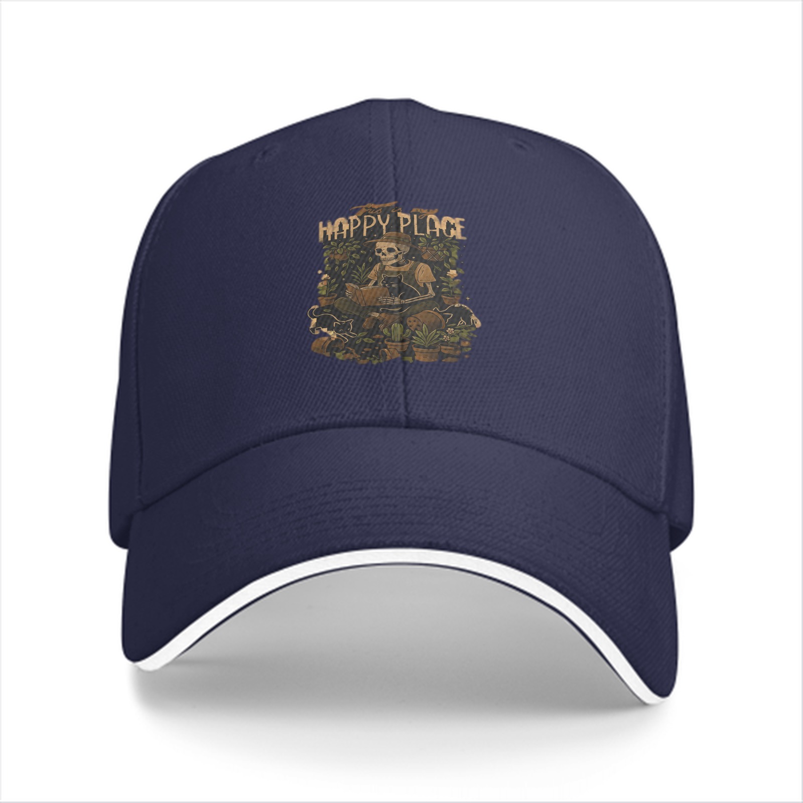 Black baseball cap with 'Happy Place' skeleton gardening graphic