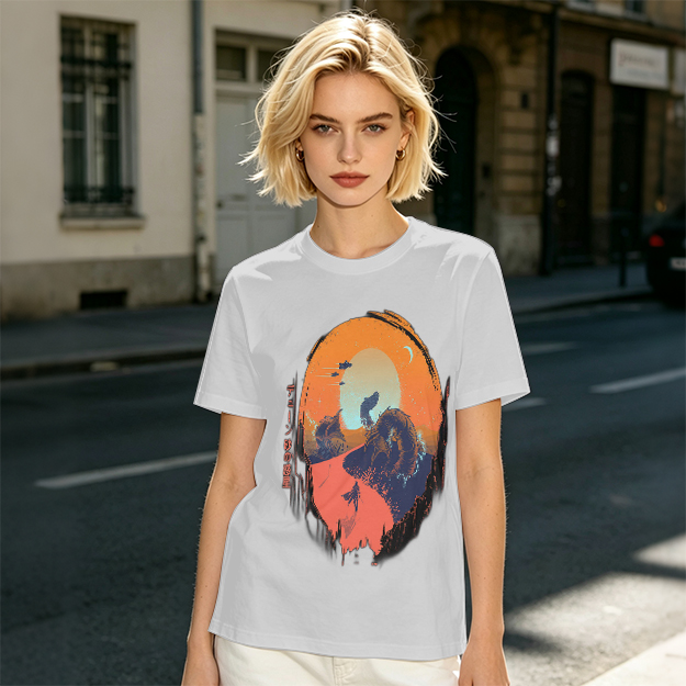 Olive T-Shirt with Sunset Mountain Wolf Silhouette Art Print