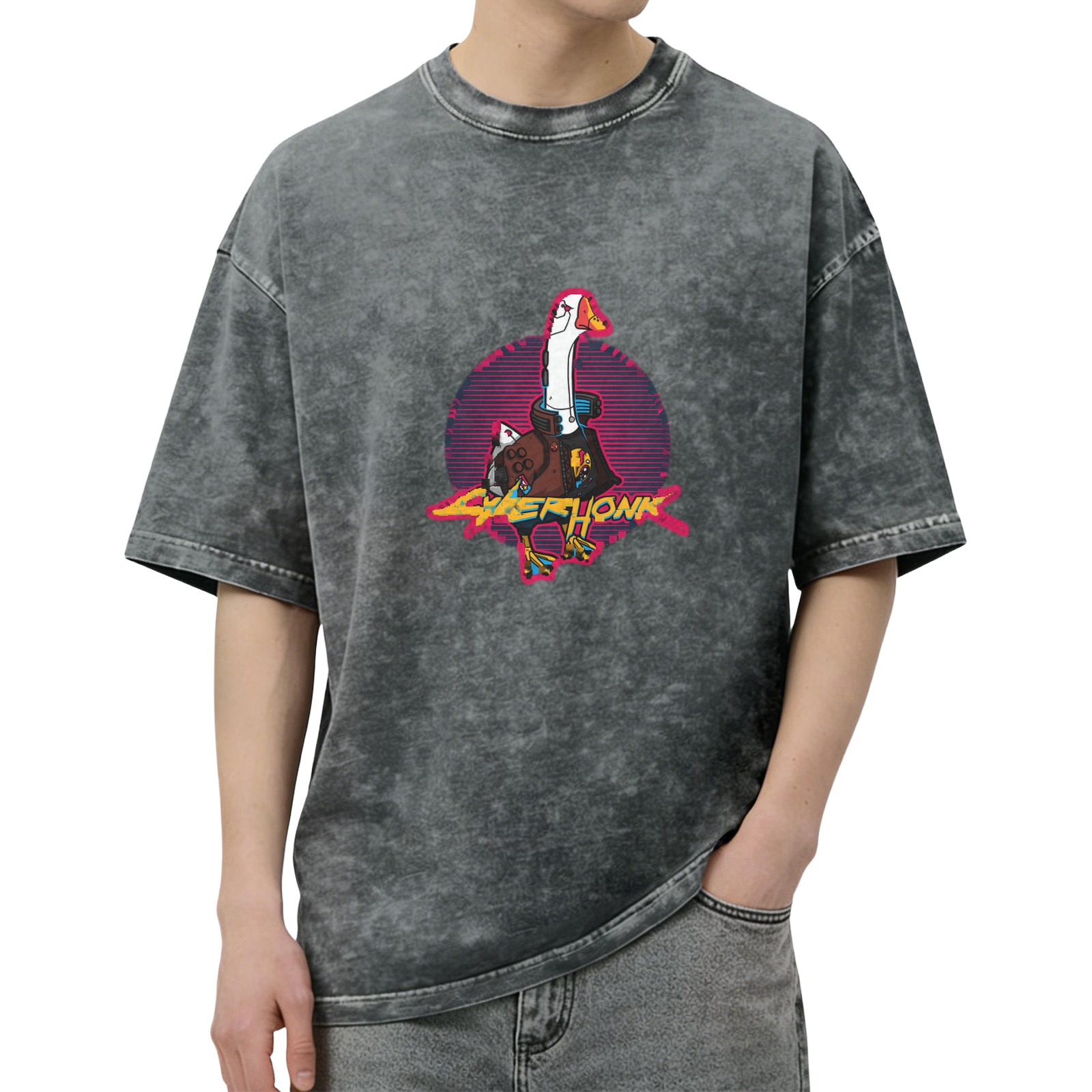 Cyber ​​Honk retro washed distressed style fun goose pattern short-sleeved T-shirt street fashion casual top