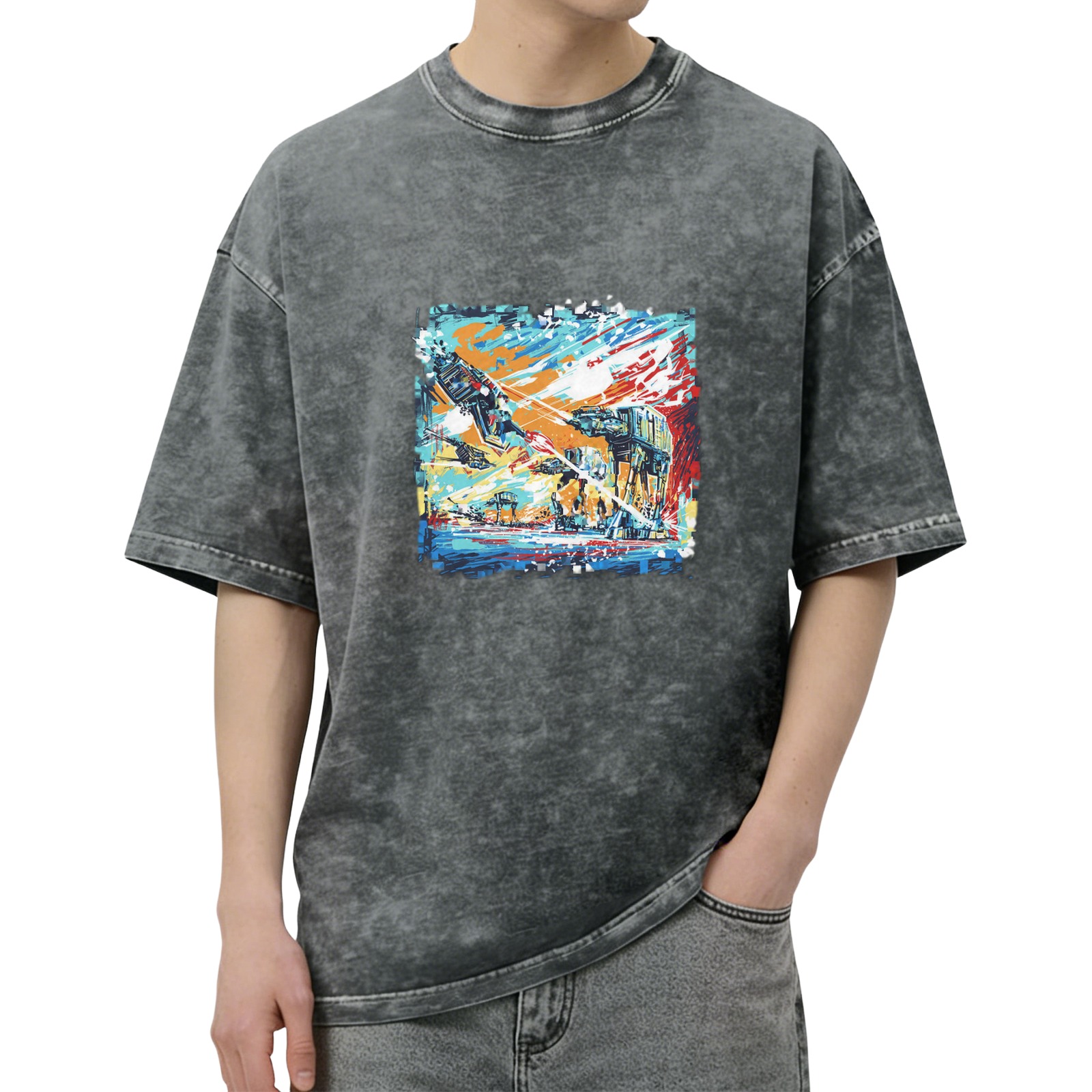 Washed Black Graphic T-Shirt with Sci-Fi Battle Art Print
