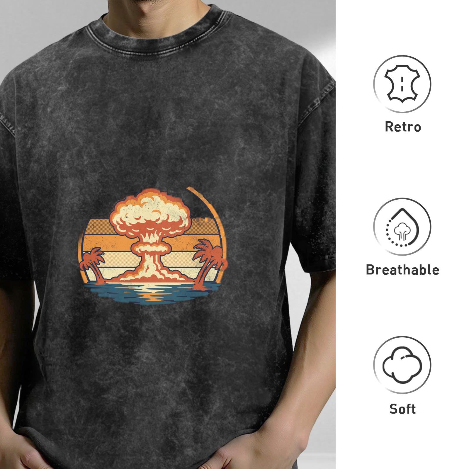 Vintage Acid-Wash Black Oversized T-Shirt with Retro Nuclear Explosion & Palm Tree Sunset Graphic Print