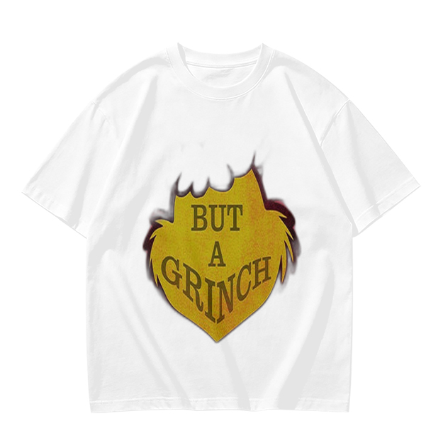Olive green t-shirt with 'But A Grinch' graphic print