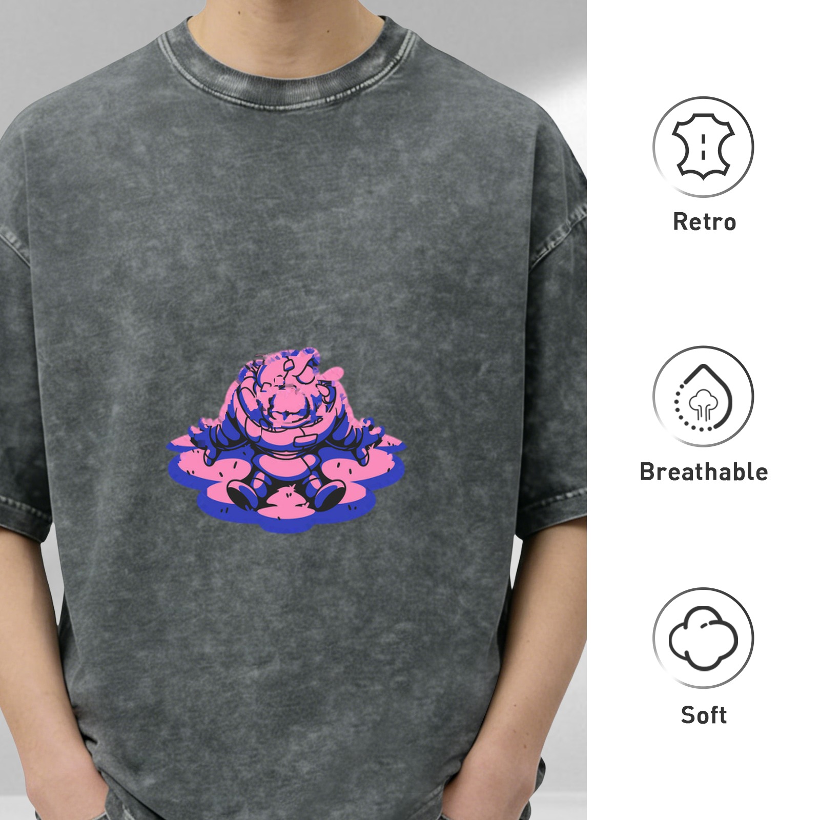 Oversized Acid Wash T-Shirt With Meditating Cartoon Character Print