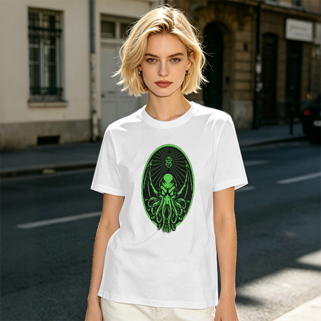 Olive Green T-Shirt With Glowing Green Cthulhu Graphic Print