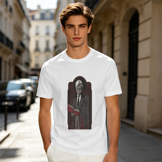 Olive T-shirt with Gothic Figure Holding Red Book Print