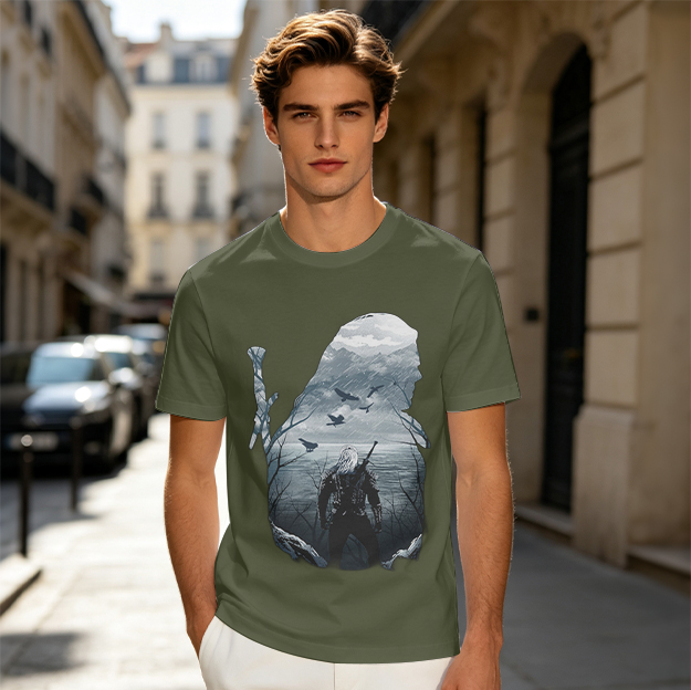 Olive T-Shirt With Silhouette Art Of A Witcher In A Misty Landscape